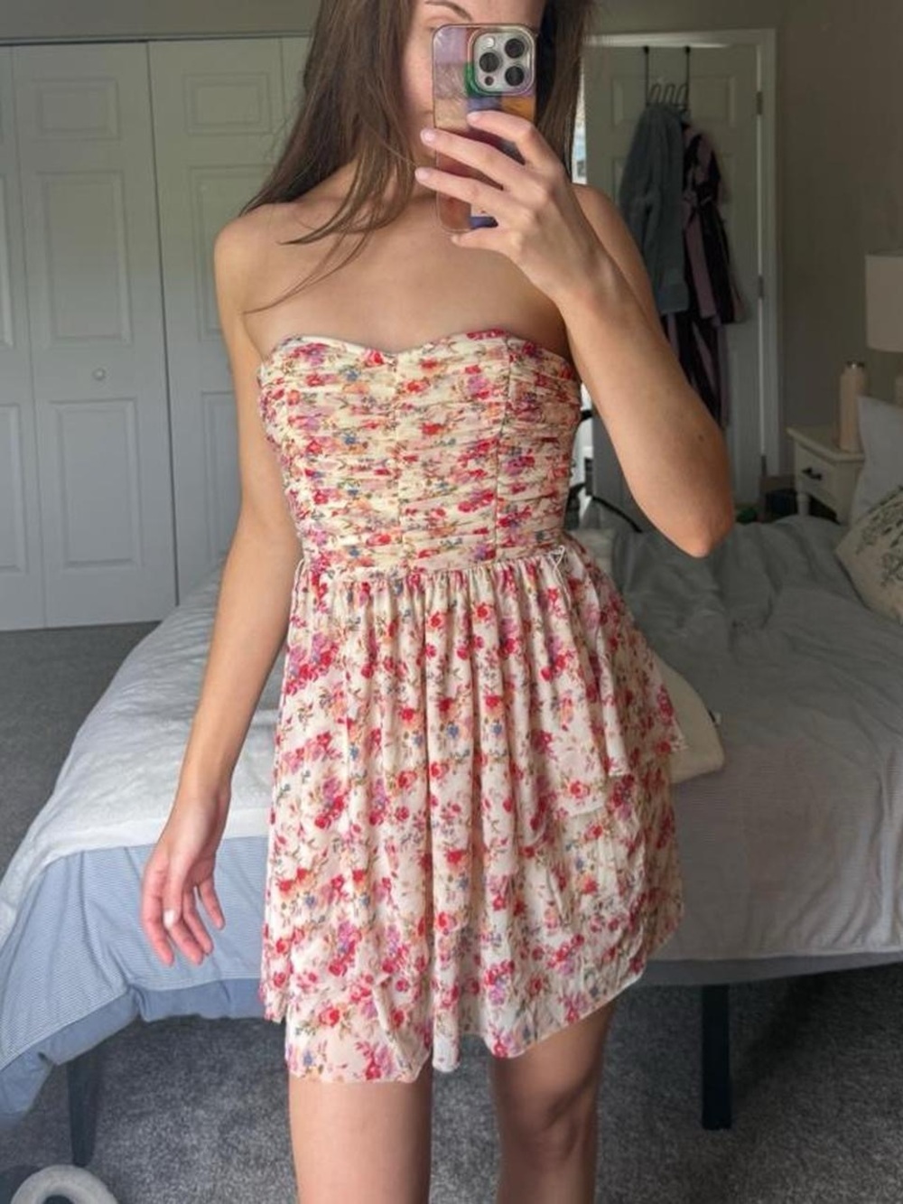 Wet Seal Strapless Floral Mini Dress with Ruffles - Size XS